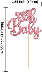 Gyufise 24Pcs Pink Glitter Oh Baby Butterfly Cupcake Toppers Gender Reveal Babyshower Cake Decorations Butterfly Theme Baby Shower Girls Birthday Party Cake Decorations Supplies