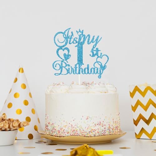 It's My 1st Birthday Cake Topper - Blue Glitter Happy First Birthday Cake Decor - Children's Cheers to One Year Old Birthday Party Supplies