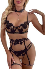 Lilosy Sexy Cute Applique Embroidered Underwire Push Up Garter Belt Chocker Lingerie Set