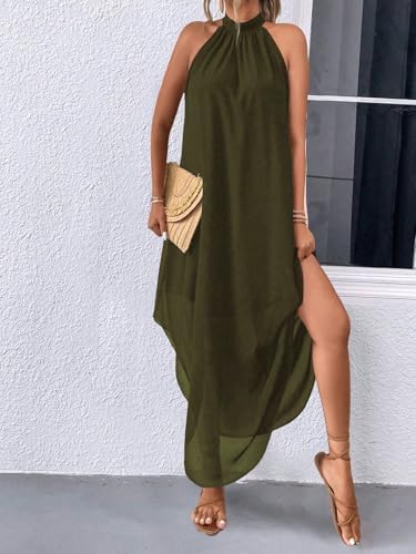 SKAYS Women's Elegant Halter Neck Dress High End Sleeveless Cocktail Party Dress Summer Flowy Wedding Guest Long Dress