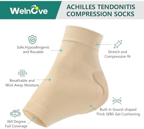 Welnove Achilles Tendonitis Heel Protector Socks - 4 Pcs Achilles Tendon Support Compression Socks - Gel Padded Sleeve for Cushion & Protection of Bursitis, Tenderness, Dry Cracked (Beige,Regular)