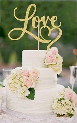 Love Cake Topper - Gold Glitter Paper Wedding Cake Decoration Supplies, Perfect for Bridal Shower/Engagement/Anniversary/Birthday Party