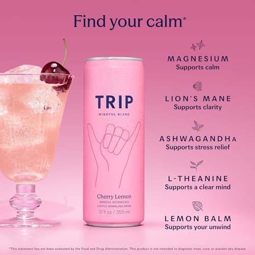 TRIP Lightly Sparkling Adaptogen Drink, Non Alcoholic Drink with Magnesium, Ashwagandha, Lions Mane & L Theanine, No Added Sugar Mocktail, Vegan, Cherry Lemon, 12 Oz, 12Pk