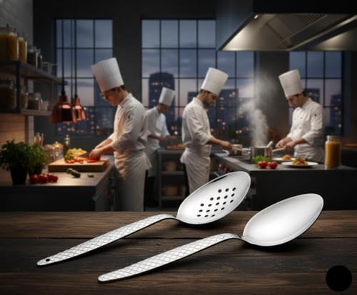 Chef Kunz Spoon | Pack of 2 | 9 inch 18/10 Stainless Steel Silver Plating Spoon | Non-Slip Grip Spoons for Basting, Quenelle, Serving, Sauces (Medium 2, kunz Spoon Set (2 piece)