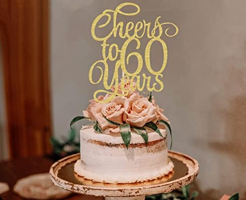 Cheers to 60 Years Cake Topper - Gold Glitter 60th Birthday Cake Decorating Supplies, Perfect for Wedding, Anniversary or Birthday Party Decorations, Photo Booth Props