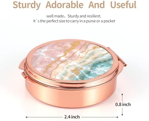 Dynippy Pill Case Pill Box with Mirror Pocket 3 Compartment Medicine Case Vitamin Pill Organizer for Pocket Purse and Travel (Round, Rose Gold-Marble Veins)