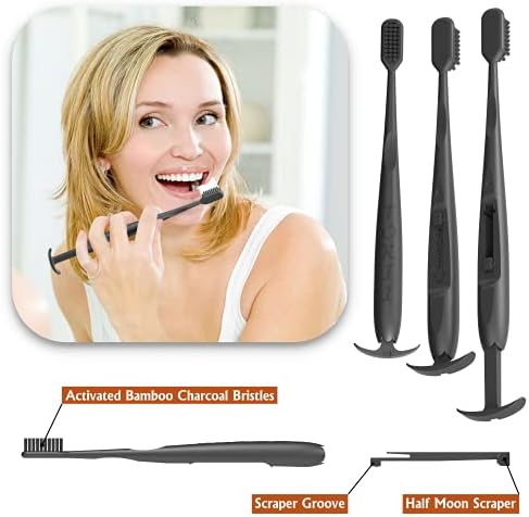 TOKII Tongue Scraper Toothbrush for Adults – Charcoal Soft Bristle Toothbrush with Built-in Tongue Cleaner, Bad Breath Control, Travel Size Toothbrush with Waterproof Pouch (Black, Pack of 1)