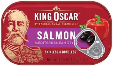 King Oscar Premium Salmon in Olive Oil, Mediterranean Style, 4.05-Ounce Cans (Pack of 12, Packaging May Vary), Skinless & Boneless Salmon