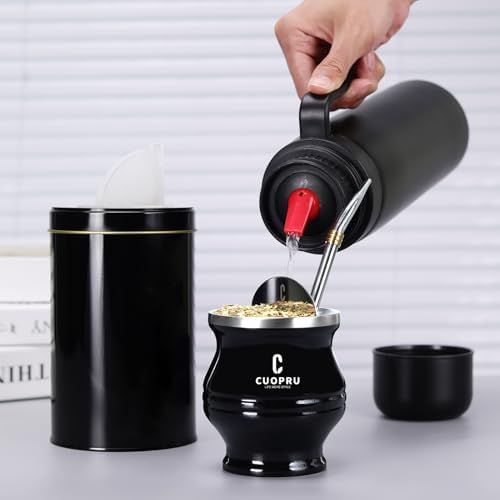 Cuopru Premium Stainless Steel Yerba Mate Kit, Gourd, 33.8oz Insulated Bottle, Container, Bombilla, Cleaning Brush, Tea Filter Set, Matte Black