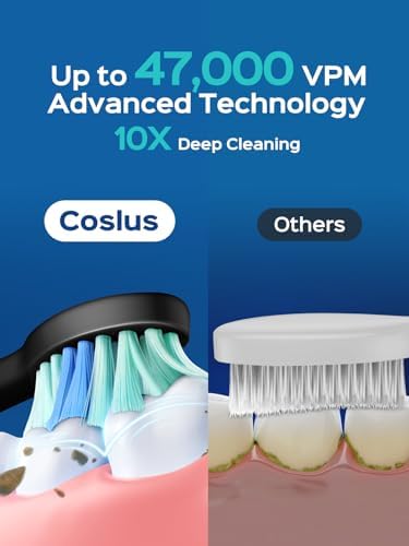 COSLUS Sonic Electric Toothbrush for Adults C40(DY-108Pro): 47000 VPM for Deep Cleaning with Travel Case - 5 Modes for Sensitive Teeth & Brace, Wireless Charging, 6 Brush Heads for Family, Black (1PC)