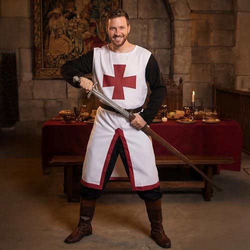 UQJE Mens Medieval Crusader Costume Knights Templar Tunic Halloween Renaissance Midevil Suit