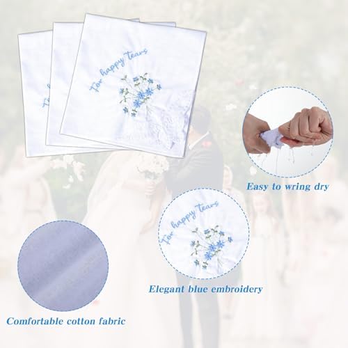 For Happy Tears Handkerchief, 6 Pcs Embroidered Wedding Handkerchief Cotton Hankies for Bride, Groom, Bridesmaid, Mother of the Bride, White & Blue, 12" x 12"