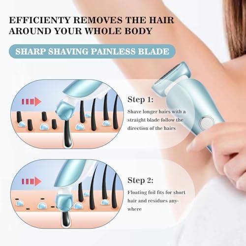 Electric Razors for Women, Bikini Trimmer Wet & Dry Use, Painless Pubic Hair Trimmer, Rechargeable Electric Shaver for Legs, Face, Pubic Hair, Underarms with Detachable Head, Blue
