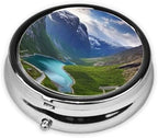 Norwegian Fjords Pill Case 3 Compartments, Metal Round Portable Pill Box with Mirror, Waterproof Travel Pill Organizer for Purse & Pocket, Small Medicine Vitamin Holder Unique Gift