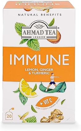 Ahmad Tea Herbal Tea, Lemon, Ginger, Turmeric, & Vitamin C 'Immune' Natural Benefits Teabags, 20 ct (Pack of 1) - Decaffeinated & Sugar-Free