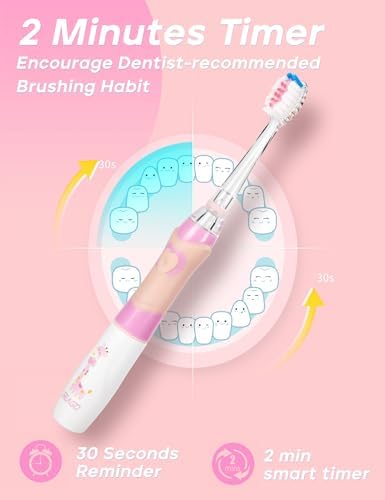 SEAGO Kids Electric Toothbrush with 2 Mins Brushing Timer and 8 Replacement Brush Heads,Rainbow LED Light Makes Brushing Fun, Battery Powered Toothbrush for Boys & Girls 3-6-8 Years Old,Pink