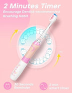 SEAGO Kids Electric Toothbrush with 2 Mins Brushing Timer and 8 Replacement Brush Heads,Rainbow LED Light Makes Brushing Fun, Battery Powered Toothbrush for Boys & Girls 3-6-8 Years Old,Pink