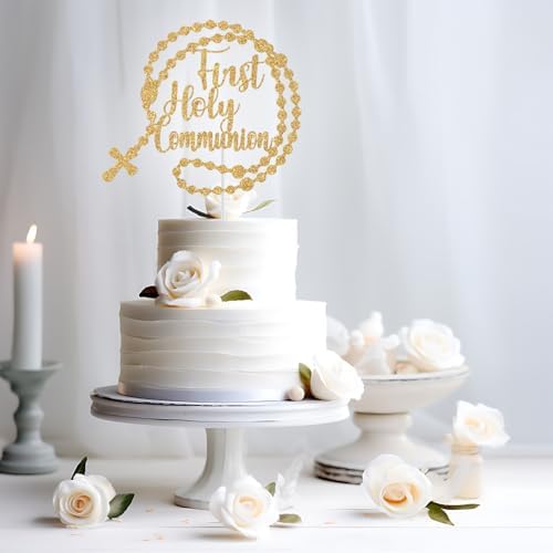 First Holy Communion Cake Topper, Christian Baptism, God Bless Cake Decor, Wedding Baptism Christening Baby Shower Birthday Party Decorations Gold Glitter