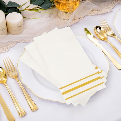 100 Pack Paper Napkins Disposable Guest Towels Gold Lined Elegant Dinner Napkins 2-ply Party Napkins Guest Disposable Soft & Absorbent Paper Hand Towels for Bathroom Kitchen Wedding Party Dinner Event