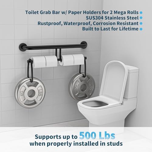 24 Inch Grab Bar w/Double Toilet Paper Roll Holder Black, iHansee Stainless Steel Shower Support Balanced Support Handle, Wall Mounted Safety Handrail Grab Rail for Elderly Senior Handicap Disabled