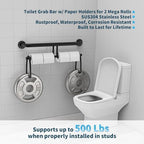 24 Inch Grab Bar w/Double Toilet Paper Roll Holder Black, iHansee Stainless Steel Shower Support Balanced Support Handle, Wall Mounted Safety Handrail Grab Rail for Elderly Senior Handicap Disabled