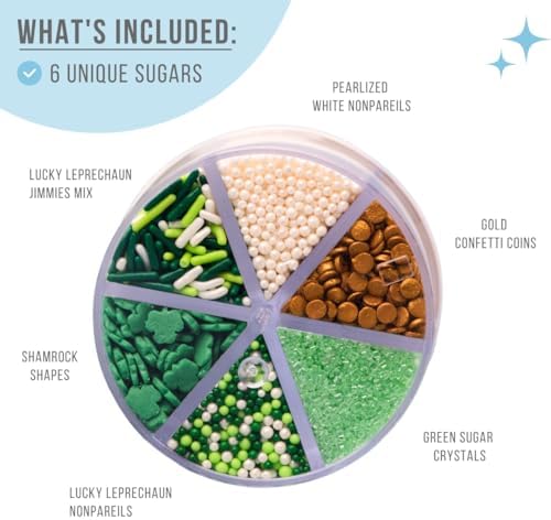 Sweets Indeed St Patricks Day 6 Cell Sprinkles Jar – Green Shamrock Quins, Green and Gold Sugar, Circle Quins and Nonpareils for Baking & Decorating Cupcakes, Cookies, Cakes & Desserts – 6.45 ounces