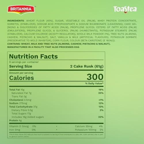 Britannia Toastea Eggless Rusk Cake | Pack- 550gm(19.40 oz)| Each Smooth & Soft Twice-Baked Cake Delicious Snack for Breakfast & Tea Time