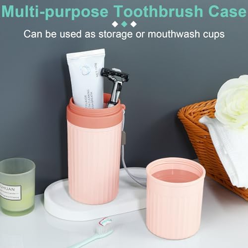 Mulbozy Travel Toothbrush Holder, Large Travel Toothbrush Cup Case, Portable Travel Toothbrush Toothpaste Makeup Storage for Business Trip Camping School - Pink