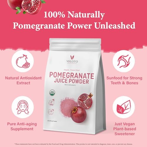 VELOTO Organic Pomegranate Juice Powder, Pure Pomegranate -Fruit Freeze Dried Powder, Natural Vitamin C Vegan Sweetener Superfoods for Smoothies, Yogurt & Shake, Gluten Free, Non GMO, 1 lb