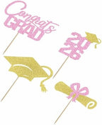 12 Pcs Graduation Cupcake Toppers,Congrats Grad Cupcake Picks Glitter Class of 2026 Cupcake Toppers,Graduation Party Decorations 2026 Pink and Gold