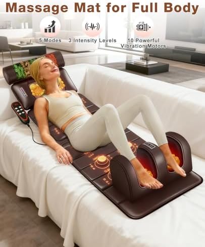 Kalamera Full Body Massage Mat, Neck Back Massager with Vibration, Detachable Massage Pad with Shiatsu Foot Roller and Head Pillow, 10-Drive Heating Cushion Mattress at Home, Gift for Parents Friends
