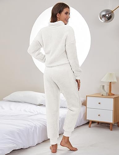 Womens Winter Pajamas Sets Soft Comfy Fleece Pullover Sherpa Pants Fuzzy 2 Piece Pjs Set Cute Warm Loungewear
