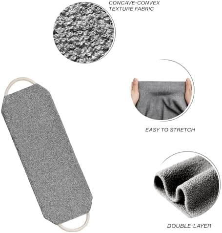 Exfoliating Back Scrubber for Shower with Handles, Double-Sided Body Scrub Towel, Stretchable Extra Long Deep Cleaning Bath Cloth for Women and Men (Grey)