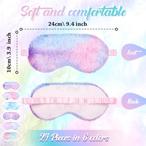 Geyoga 24 Pcs Plush Sleep Eye Mask Silk Furry Eye Covers for Sleeping Cute Sleep Mask Fluffy Comfortable Sleeping Blindfold for Travel Sleepover Nap Party Supply Girls Women, Rainbow Color