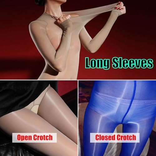 Women Oil Shiny Long Sleeve Bodysuit Glossy Bodystocking Full Body Stocking Nylon Catsuit