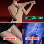 Women Oil Shiny Long Sleeve Bodysuit Glossy Bodystocking Full Body Stocking Nylon Catsuit