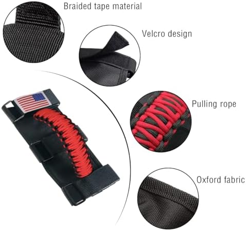 HZEL 2PCS Roll Bar Grab Handles, Oxford Cloth Upgrade Metal Buckle Paracord Grip Handles, Durable and Strong Car Accessories, Compatible with Wrangler JL, JLU, JT, JK, JKU, TJ, LJ and YJ (Red)