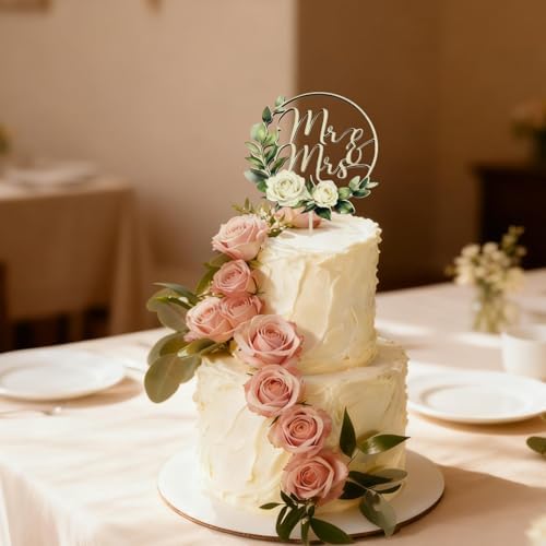 Wooden Wedding Cake Topper, Mr and Mrs with Roses - Elegant Floral Cake Decor for Wedding, Anniversary, Bridal Shower, Birthday (Classical-A)