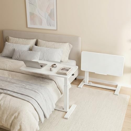 DUMOS Adjustable Overbed Bedside Table with Hidden Wheels, Mobile Standing Desk with Pneumatic Lift, Portable Computer Workstation Cart for Bed, Couch, Office, Sofa, White