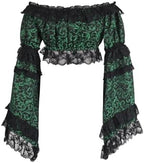 Daisy corsets Women's Green/Black Brocade Smocked Flare Sleeve Peasant Top Blouse Fashion Off the Shoulder