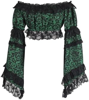 Daisy corsets Women's Green/Black Brocade Smocked Flare Sleeve Peasant Top Blouse Fashion Off the Shoulder