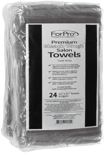 ForPro Professional Collection Premium Bleach Tough Salon Towels, Cool Grey, 100% Cotton, Bleach-Proof Towels, Stain Resistant, 16" W x 27" L, 24-Count