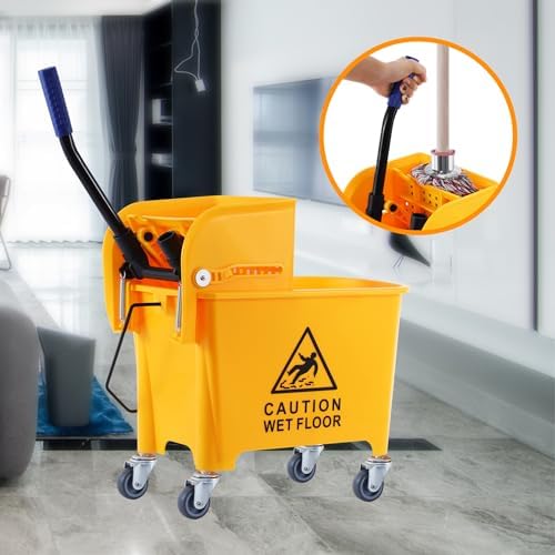 Ridgeyard 5.28 Gallon Side Press Yellow Mop Bucket with Wringer, Mop Bucket with Wringer Set for Home Use, Dirty Water Separator, 11x16.92x27.55 Inch