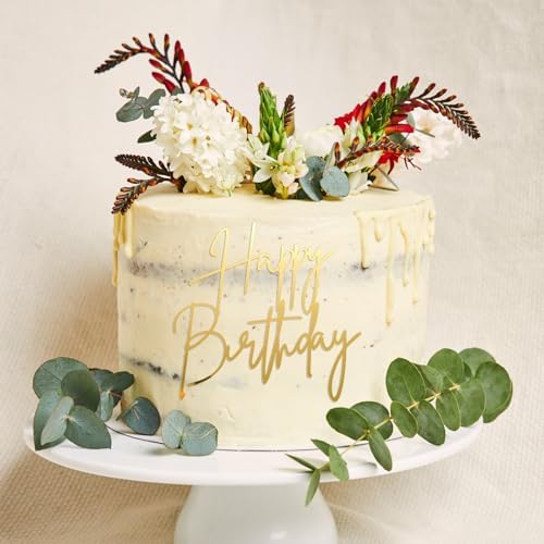 1PCS Gold Happy Birthday Cake Topper, Acrylic Happy Birthday Cake Sign Party Decorations Cupcake Toppers for Anniversary, Bridal Shower, Party Desserts Pastries Supplies