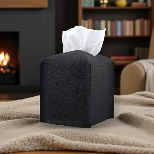 Premium PU Leather Tissue Box Holder - Elegant Hotel-Style Tissue Box Cover for Home, Office & Car Décor, Tissues Cube Organizer for a Natural & Classic Look (Black)