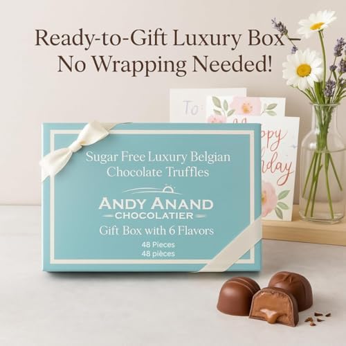 ANDY ANAND CHOCOLATIER Sugar Free & Gluten Free Belgian Chocolate Truffles Gift Box - European Imported Chocolate Truffles, Handcrafted Diabetic Snacks for Adults (48 Pcs)