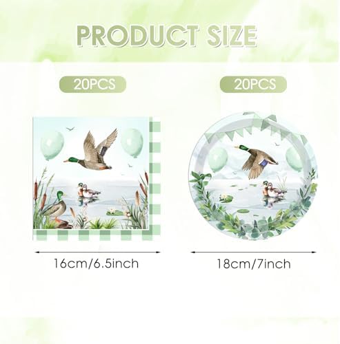 40PCS Lucky Duck Birthday Decorations Disposable Mallard Duck Hunting Birthday Party Supplies Tableware Set Include Paper Plates, Napkin for Duck Baby Shower Table Decorations, Serves 20