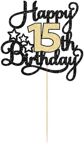 1Pc Happy 15th Birthday Cake Topper Black Gold Glitter Cheers to 15 Years Birthday Cake Pick 15 Fabulous Cake Decoration for Happy 15th Birthday Anniversary Party Cake Decorations Supplies
