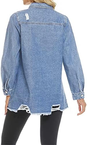 SCOFEEL Women Denim Shirt Jacket Long Sleeve Button Shacket Coat Distressed Washed Ripped Frayed Hem Jean Jacket