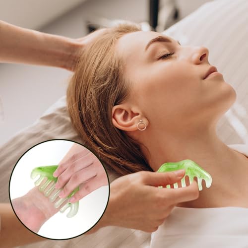 WLLHYF 2 Pcs Jade Massage Combs, Natural Stone Guasha Scraping Scalp Comb Facial Massage Tool Multi-Functional Handheld Head Massage Comb for Head Caring Body Relaxing